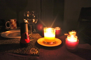 Blackout essentials!  Candles, flashlight, wine glasses, tea... check, check, check, and check.